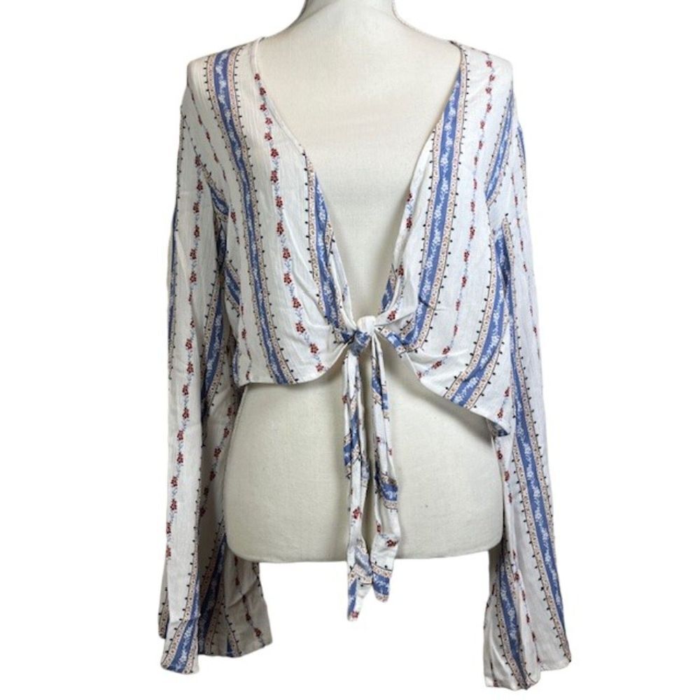 Peach Love California Tie Front Blouse White with Blue and Floral Stripes M